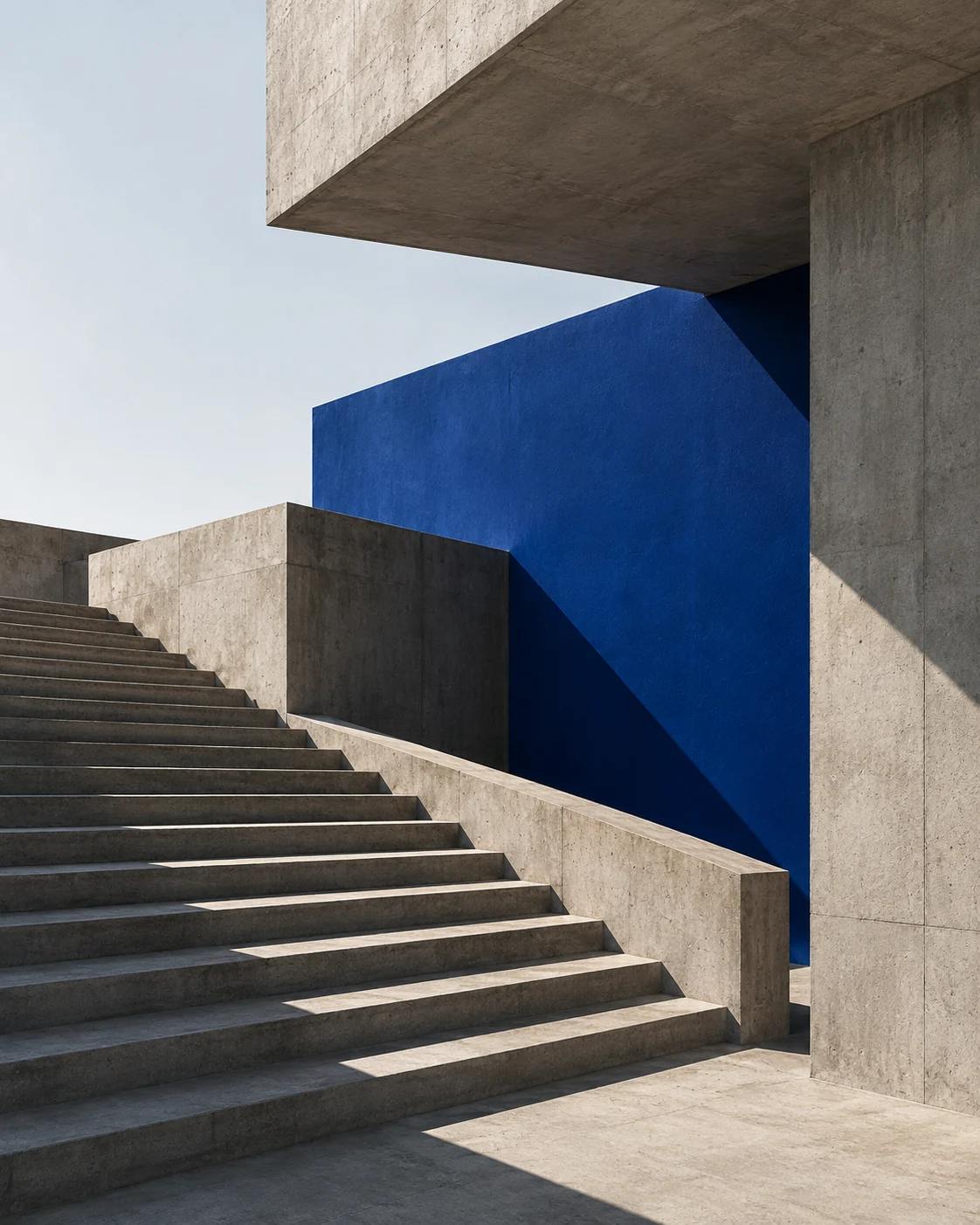 Sculptural concrete stairway beside a cobalt blue wall, rising into the light